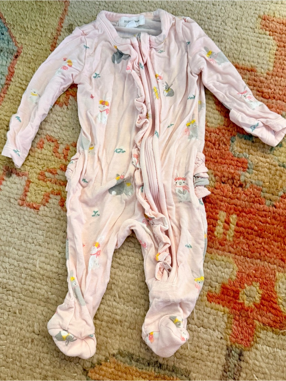 Angel Dear Pink Ruffle-Trim Footed One-Piece Pajamas with Animal Print